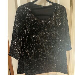 Alfani Women's Black Sequined 3/4 sleeve Top Sparkle Party Size Medium